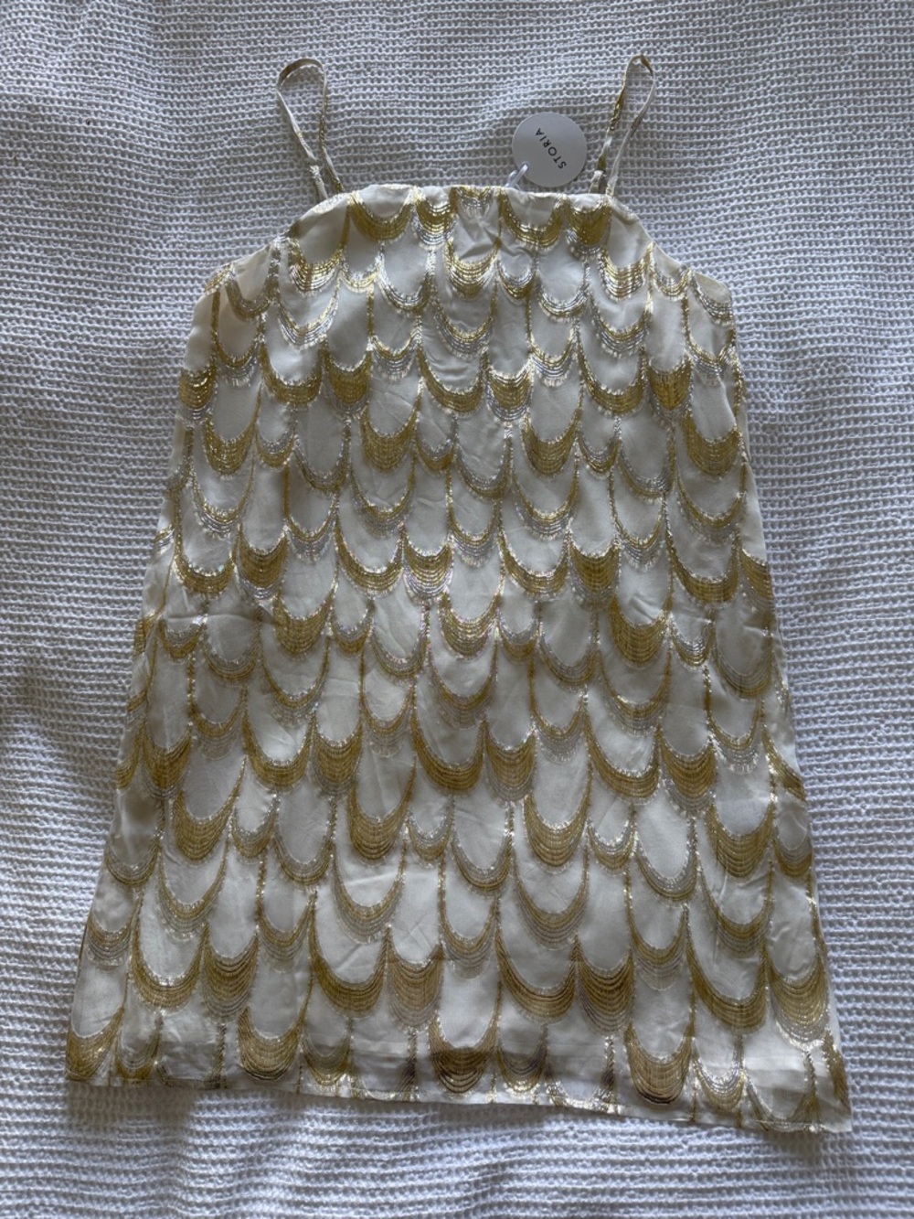 Vici collection Silk White & Gold Scallop-Pattern Slip Dress